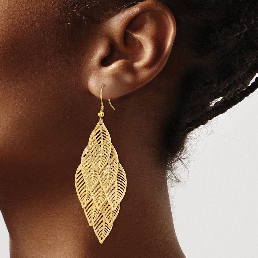 Stainless Steel Polished and Textured Yellow IP Leaves Dangle Earrings