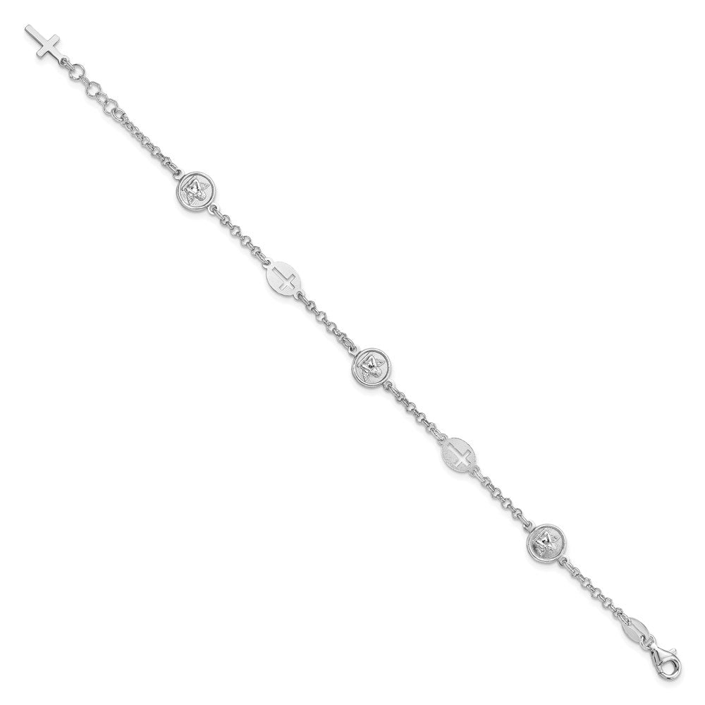 Sterling Silver Rhodium Plated Cross and Angel Bracelet 7.5 inches