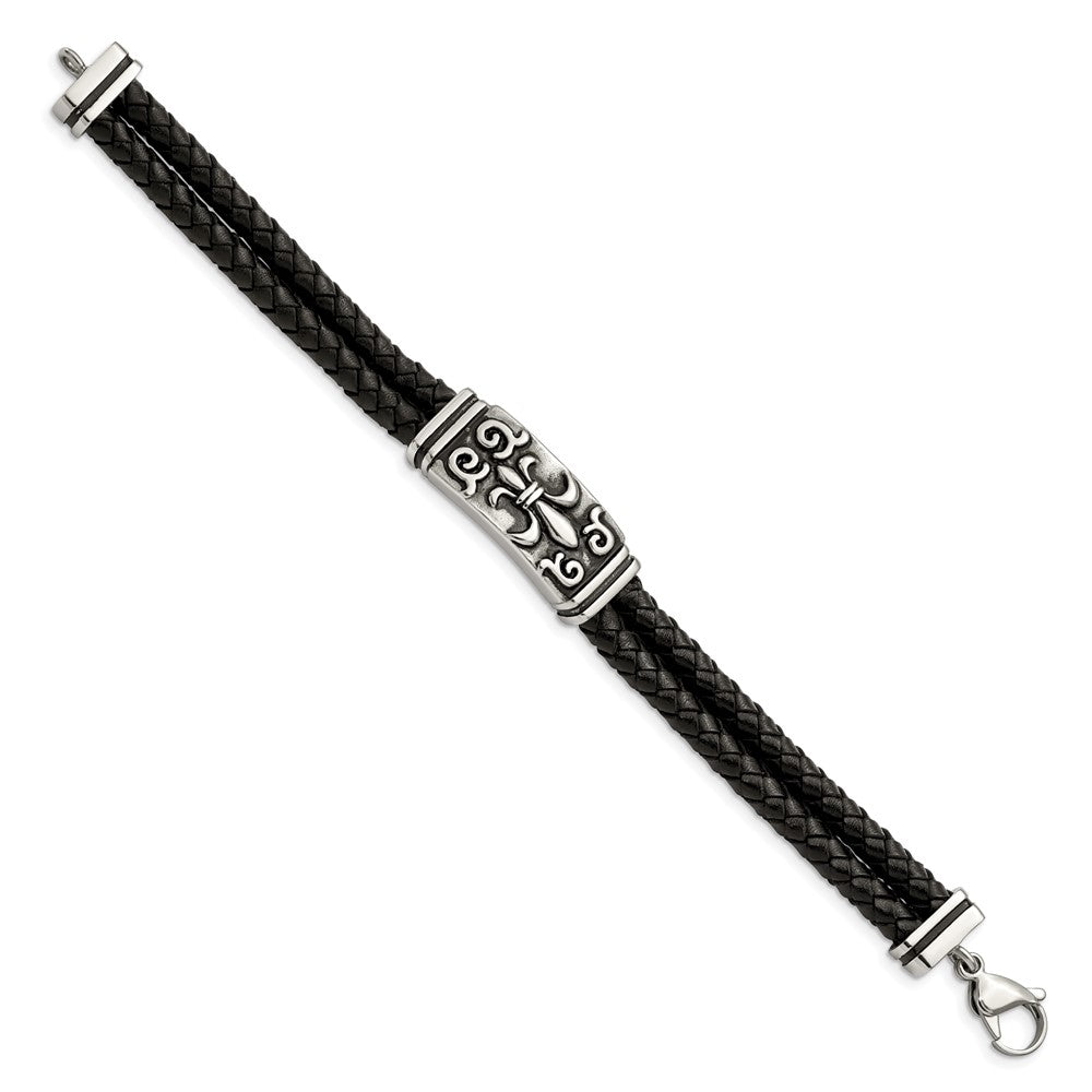 Stainless Steel Antiqued & Polished Fleur De Lis Black Leather Bracelet 8.5 inches