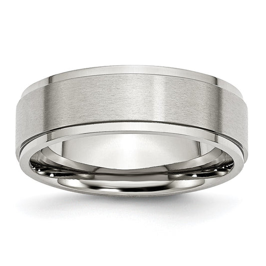 Stainless Steel Polished w/Brushed Center 7mm Ridged Edge Band Size - 11.5