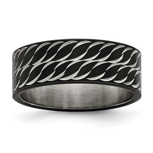 Stainless Steel Polished Black IP-plated Diamond-Cut 8mm Band Size - 11