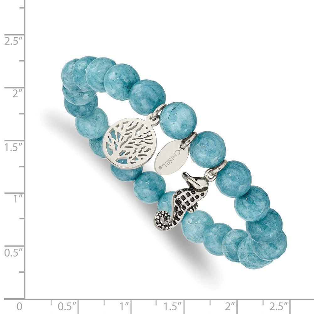 Stainless Steel Antiqued & Polished Seahorse Blue Dyed Jade Stretch Bracele 6.25 inches