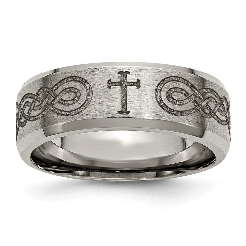 Titanium Brushed & Polished Cross Laser Design 8mm Beveled Edge Band Size - 9.5