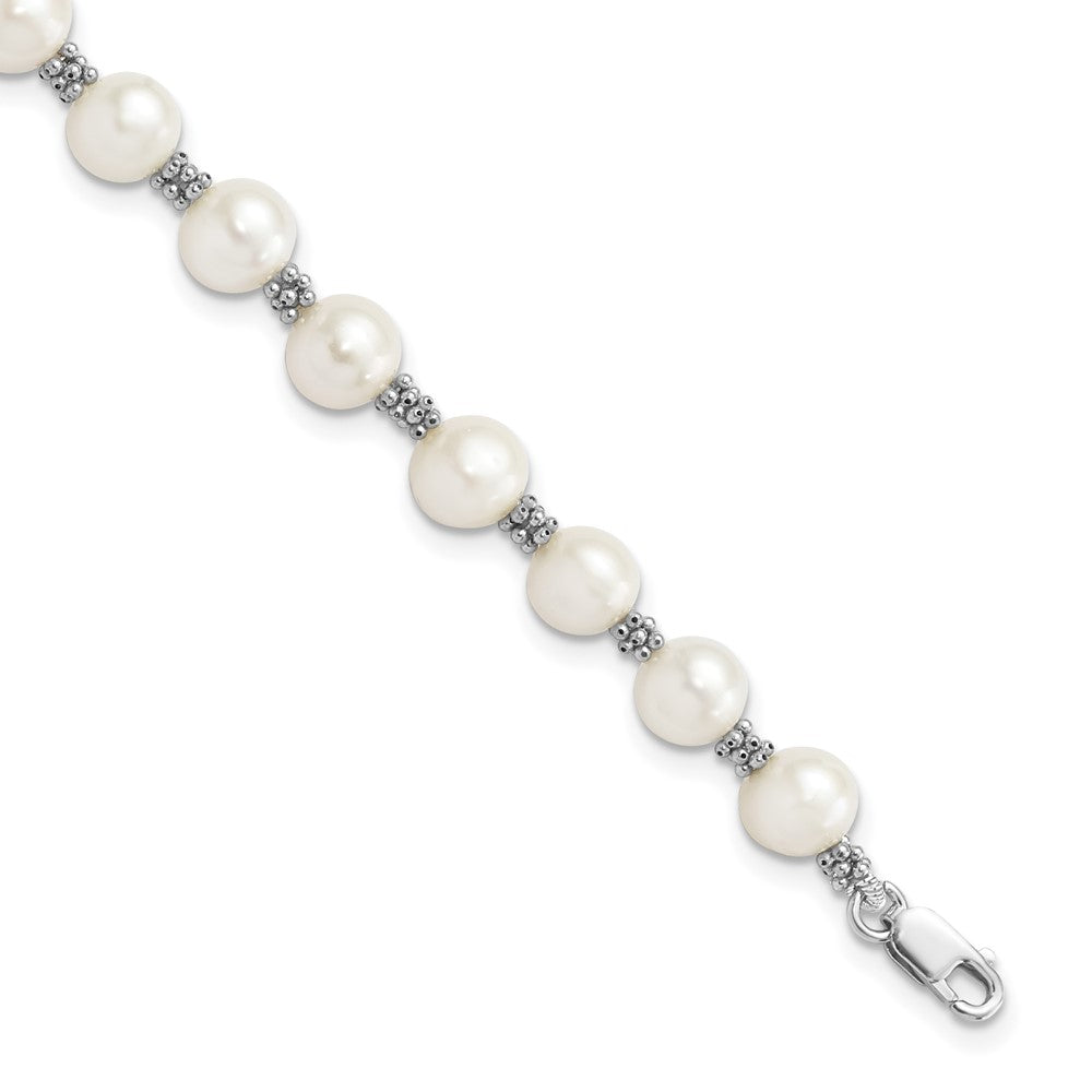 Sterling Silver Rhodium-plated 6-7mm White Round Freshwater Cultured Pearl 7.25 inch Bracelet 7.25 inches