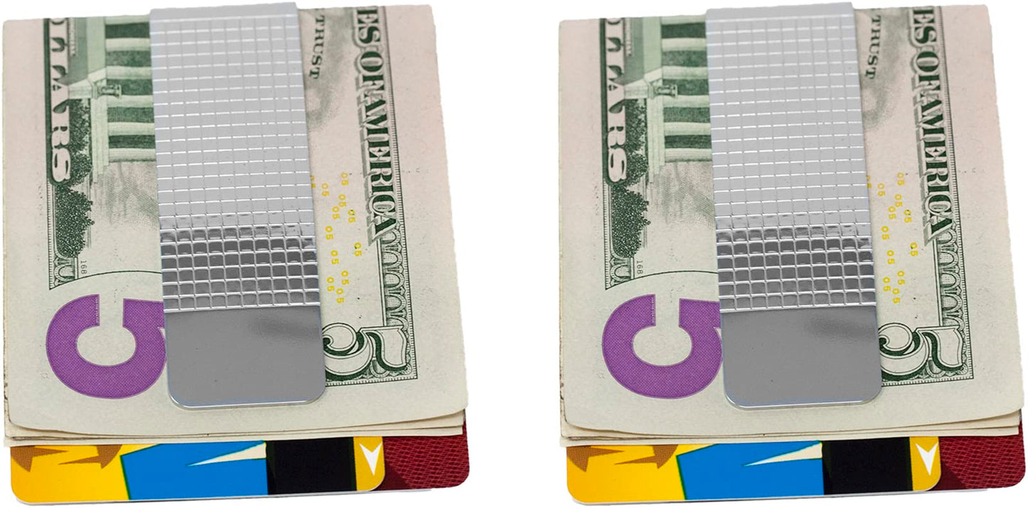 Set of 2 Chrome-Plated Slim Stainless Steel Money Clips in Silver (Pebble Grain)