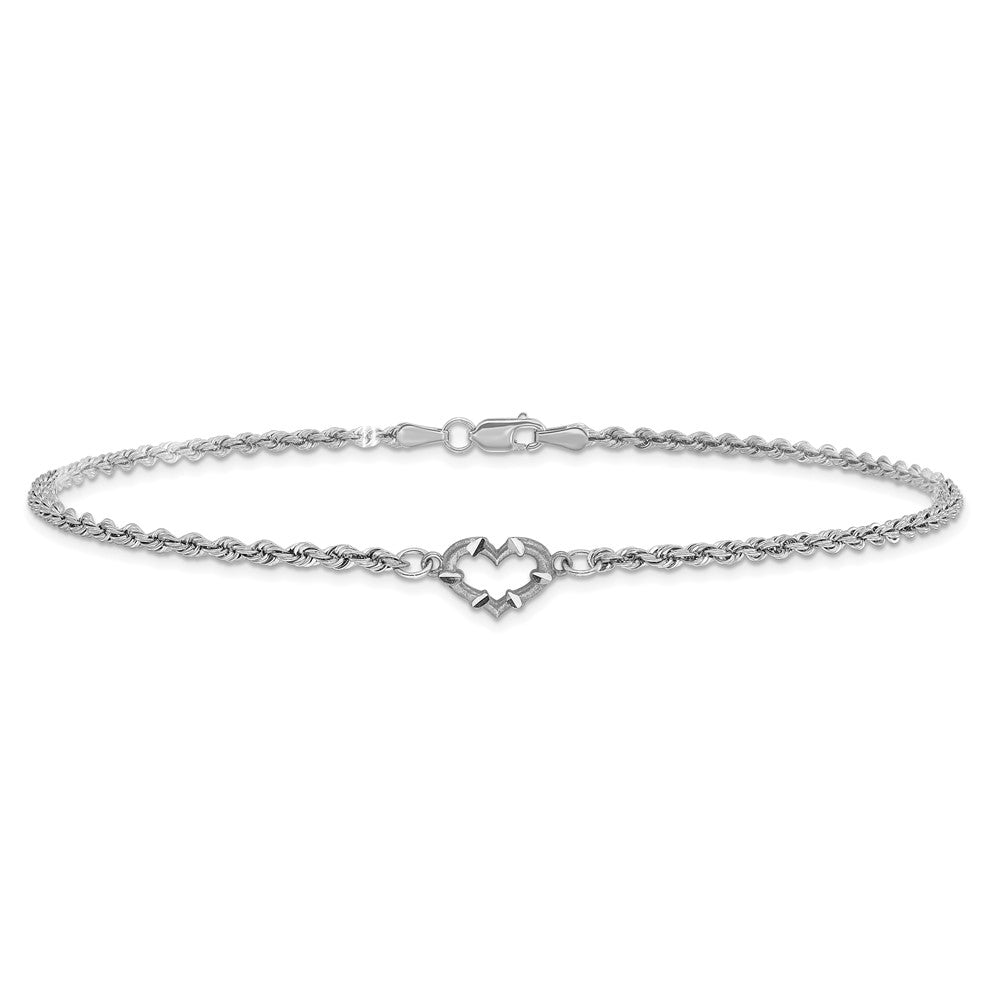 14k White Gold Diamond-cut Rope with Heart 10in Anklet 10 inches
