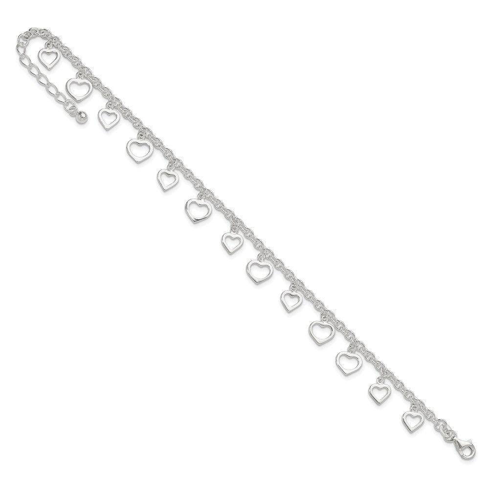 Sterling Silver 8 in Plus 1in Ext Polished Heart Anklet 9 inches