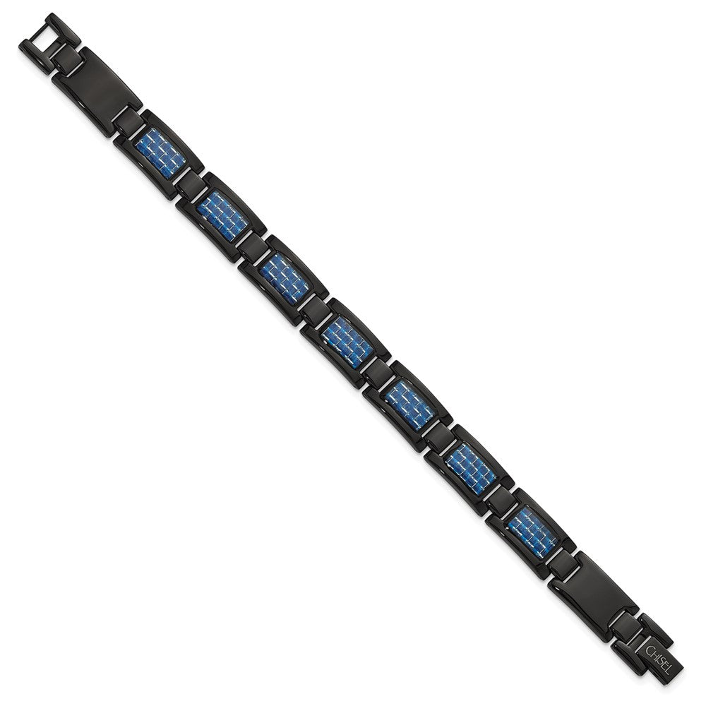 Stainless Steel Polished Black IP-plated w/Blue Carbon Fiber Inlay Bracelet 8.25 inches