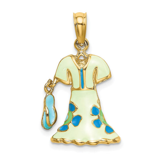 14K 3-D Moveable Enamel Mint Floral Dress w/ Flip-Flop Charm
