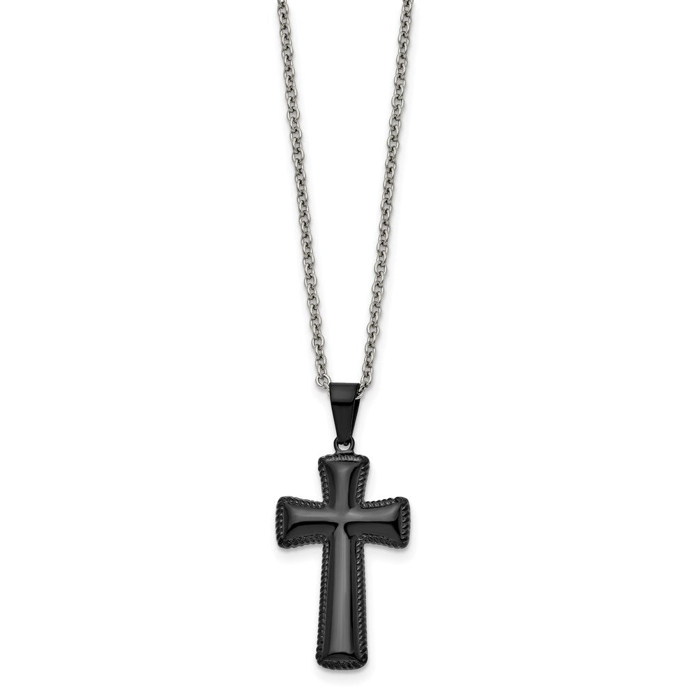 Stainless Steel Polished Black IP-plated Medium Pillow Cross 18in Necklace