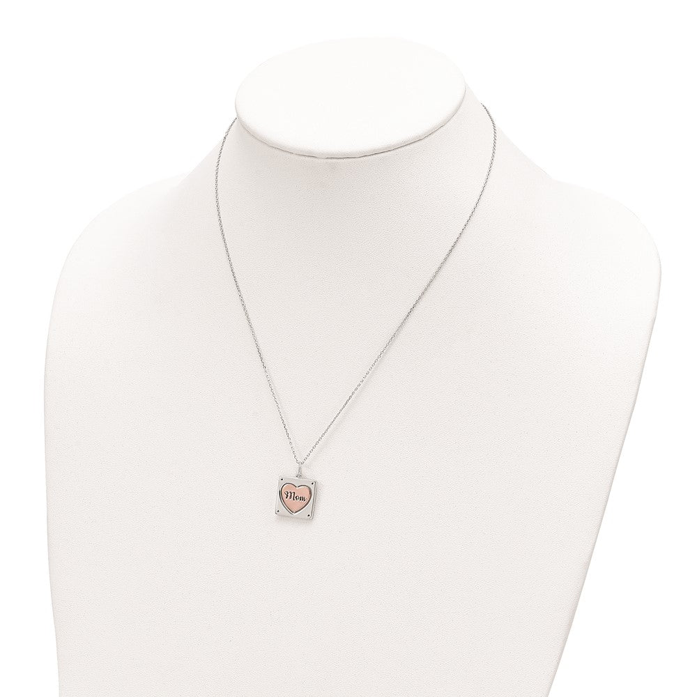 Sterling Silver RH-plated Rose-tone MOM/LOVE Heart Center Spins CZ w/2in ex 16 Inches