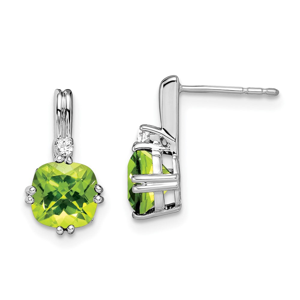14k White Gold Cushion Peridot and Diamond Earrings