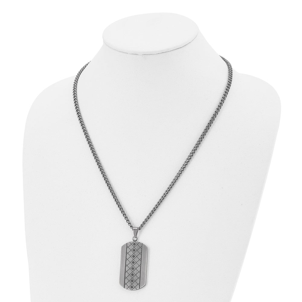 Stainless Steel Brushed and Textured w/Black CZ Dog Tag 22in Necklace