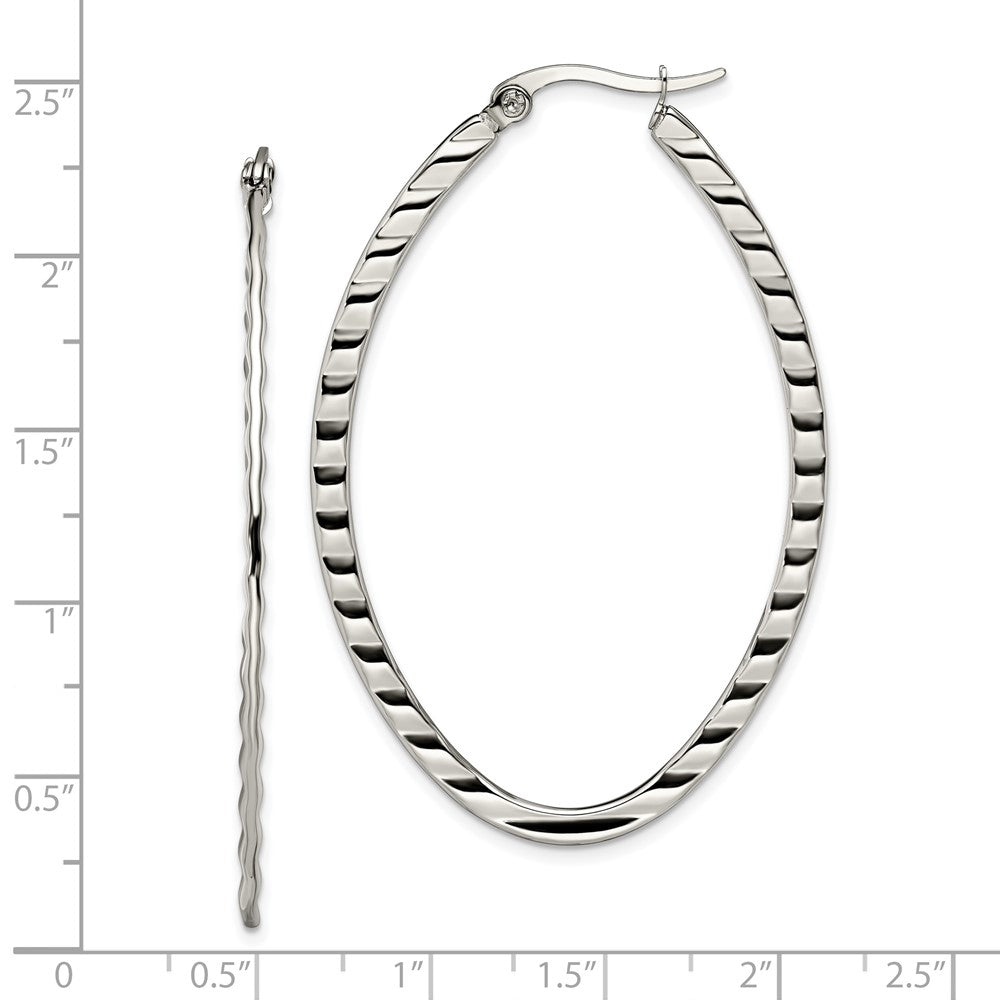 Stainless Steel Polished and Textured Oval Hoop Earrings