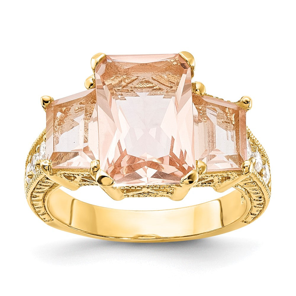 Sterling Silver Gold-plated 3 Stone Peach Glass Ring