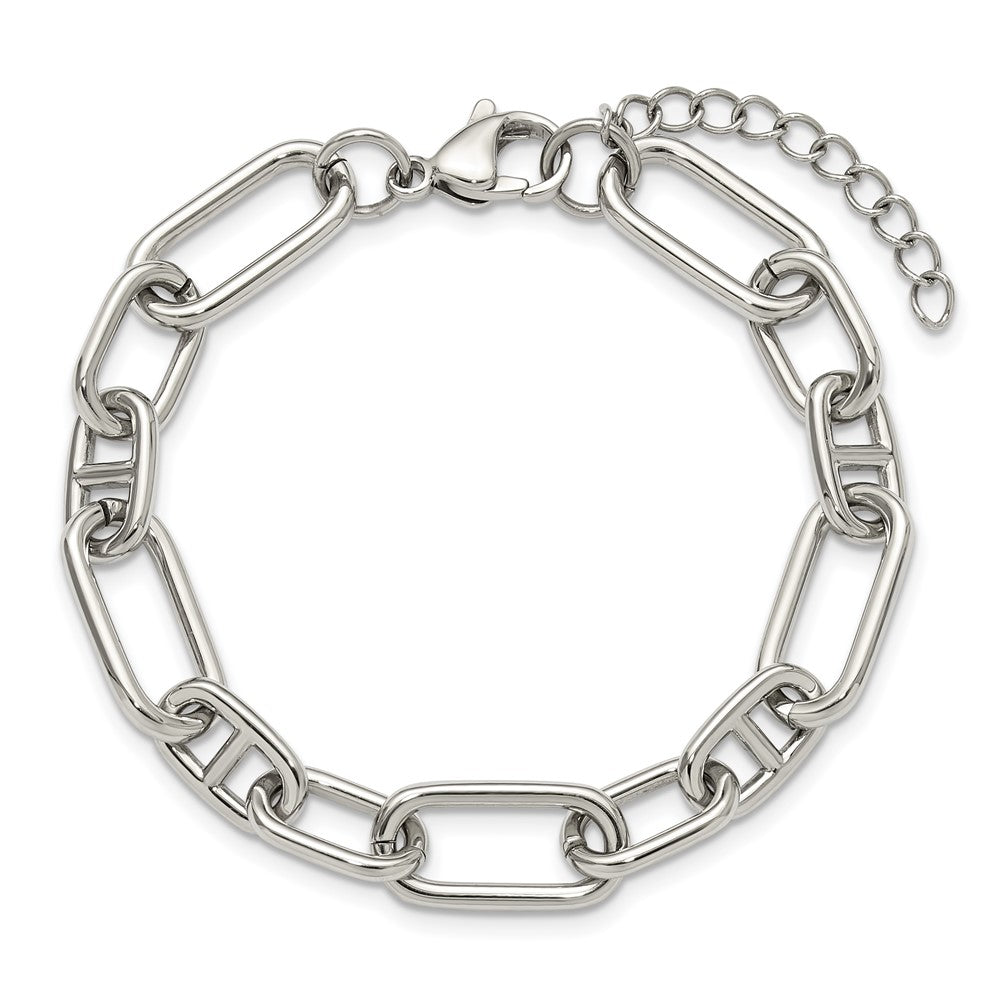 Chisel Stainless Steel Polished 9mm 6.5 inch Plus 1.25 inch 9mm Open Link Bracelet 7.25 inches