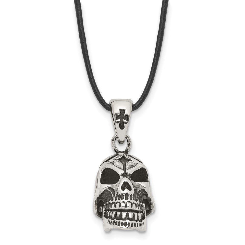 Stainless Steel Antiqued & Polished Moveable Skull Leather Cord Necklace