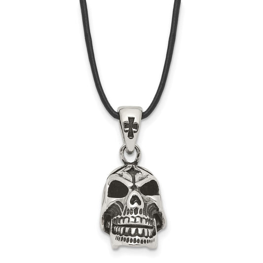 Stainless Steel Antiqued & Polished Moveable Skull Leather Cord Necklace