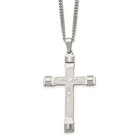 Stainless Steel Brushed and Polished Crucifix 22in Necklace