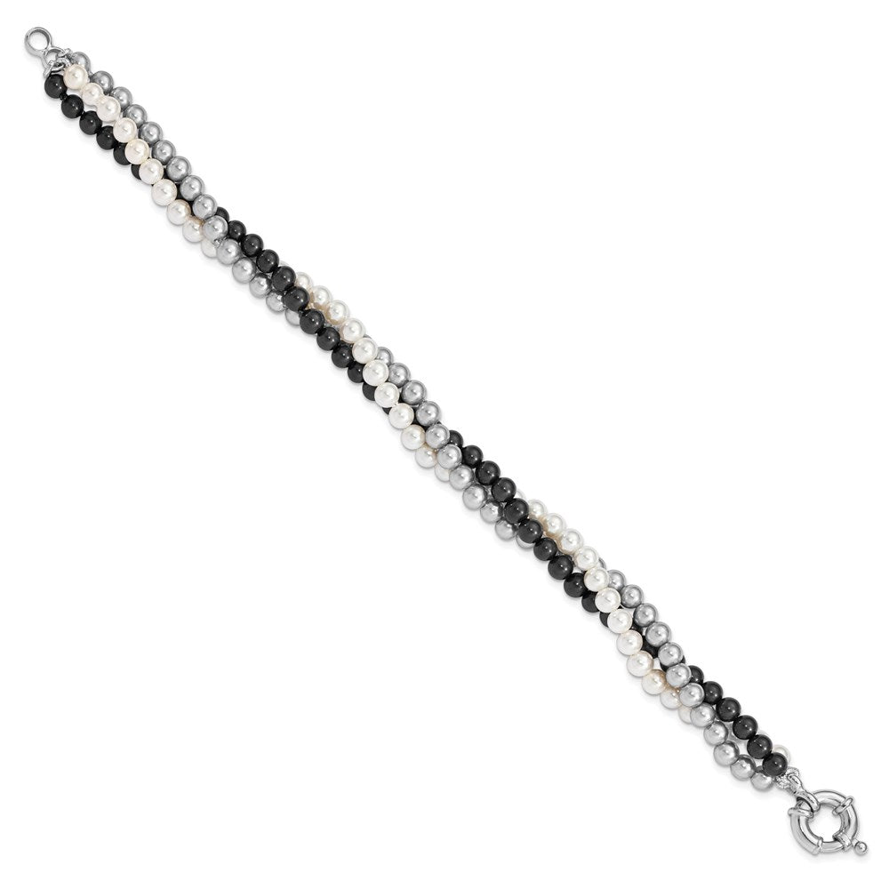 Majestik Sterling Silver Rhodium-plated 3 Row 4-5mm White Grey Black Imitation Shell Pearl Hand-knotted Bracelet 7.5 inches