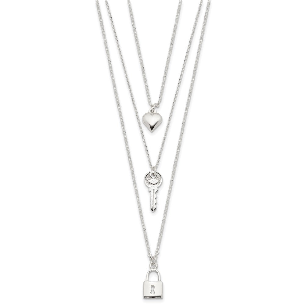 Sterling Silver Lock, Heart and Key Multi-Strand 16in Necklace 16 Inches