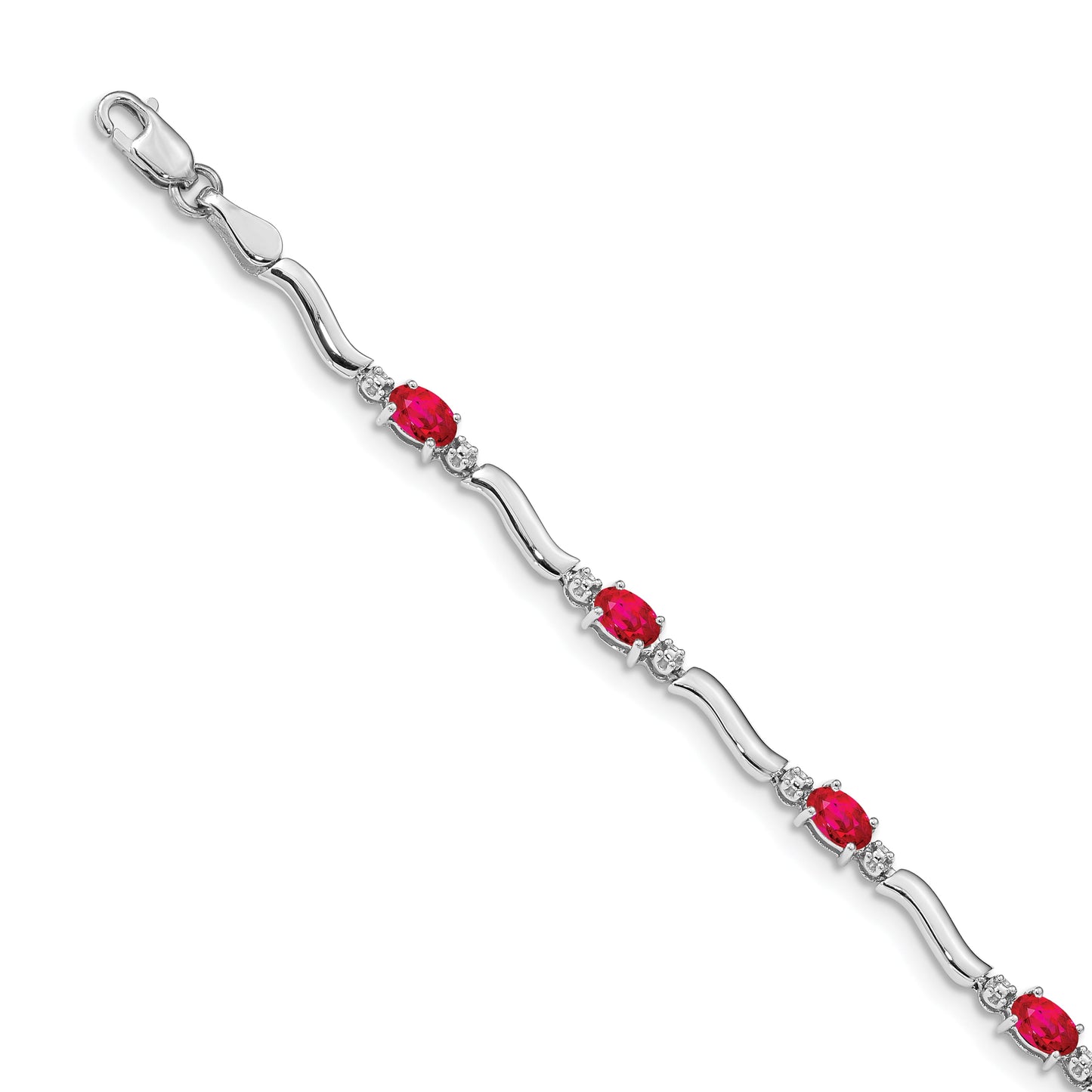 14k White Gold Complete Diamond and Oval Ruby Wavy Link 7 inch Bracelet