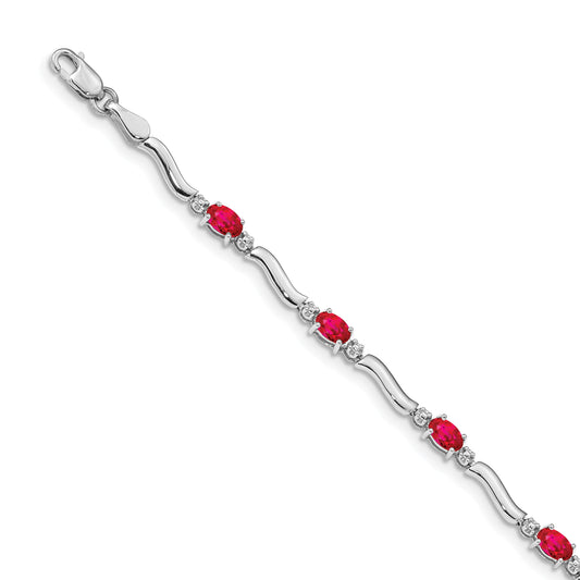 14k White Gold Complete Diamond and Oval Ruby Wavy Link 7 inch Bracelet