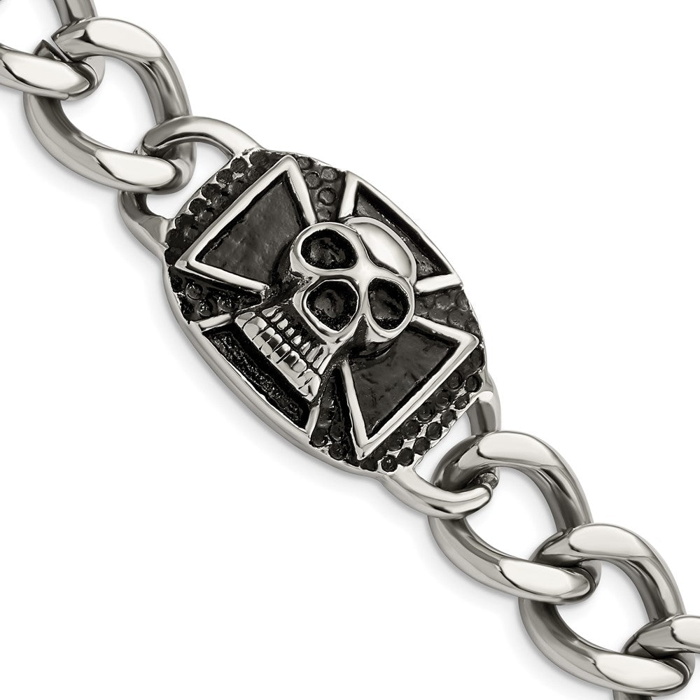 Stainless Steel Antiqued and Polished Skull 9in Bracelet 9 inches