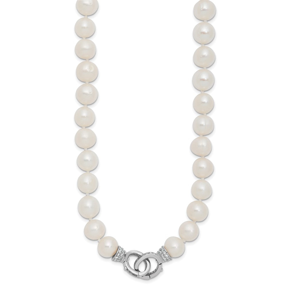 Sterling Silver Rhodium-plated 9-10mm White Near-Round Freshwater Cultured Pearl and CZ Clasp Adjustable 18 inch Necklace 18 Inches