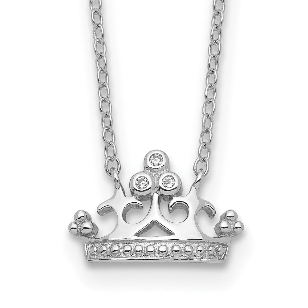 Sterling Silver Rhodium-plated Polished & Beaded CZ Crown with 2 Inch Extension Necklace 16 Inches