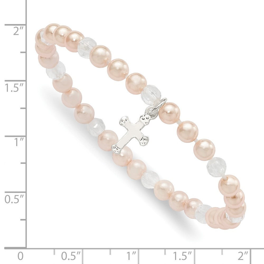 Sterling Silver Pink Shell Bead & Crystal Cross Children's Stretch Bracelet 5 inches
