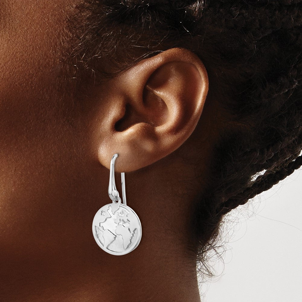 Sterling Silver Polished and Satin World Dangle Earrings