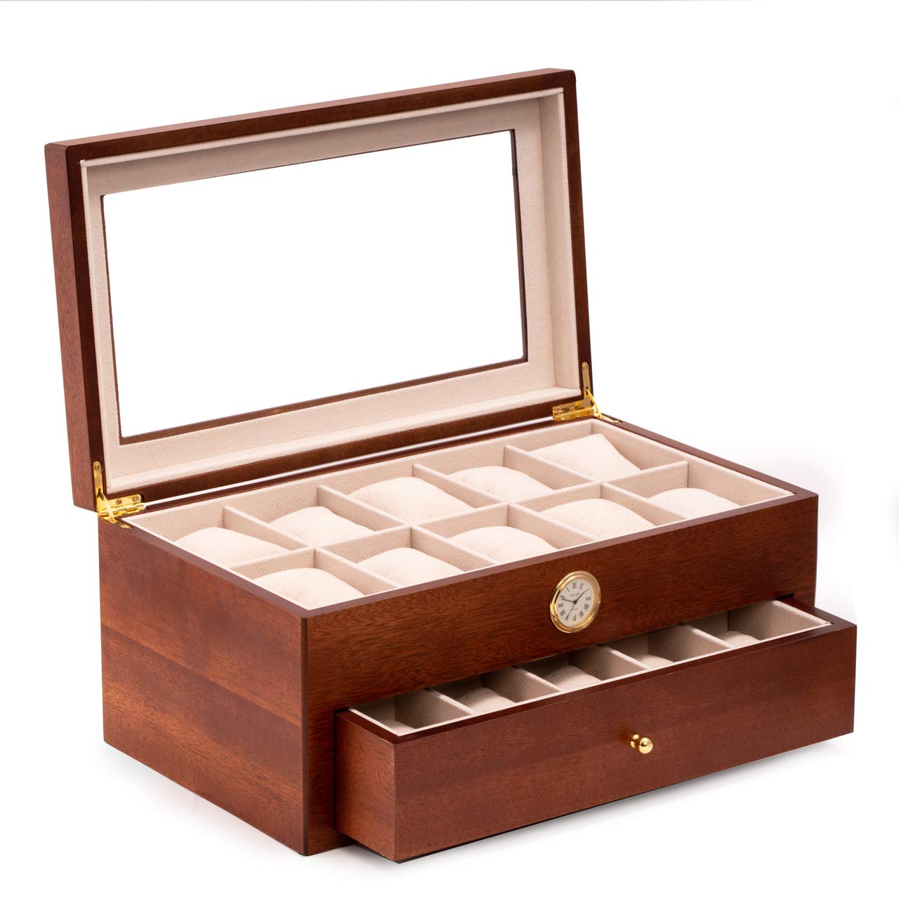 Cherry Wood Twenty Watch Box w/ Quartz Movement Clock