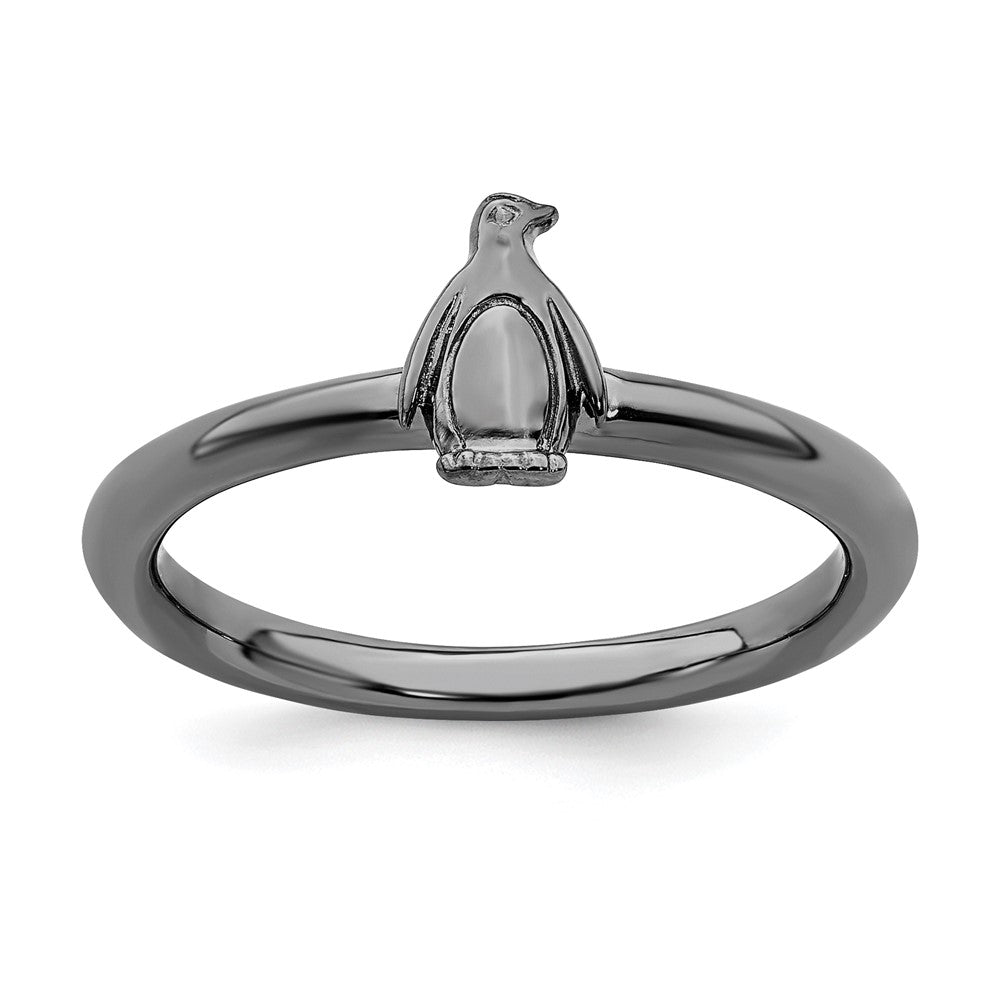 Sterling Silver Stackable Expressions Black-plated Penguin Ring Size -10
