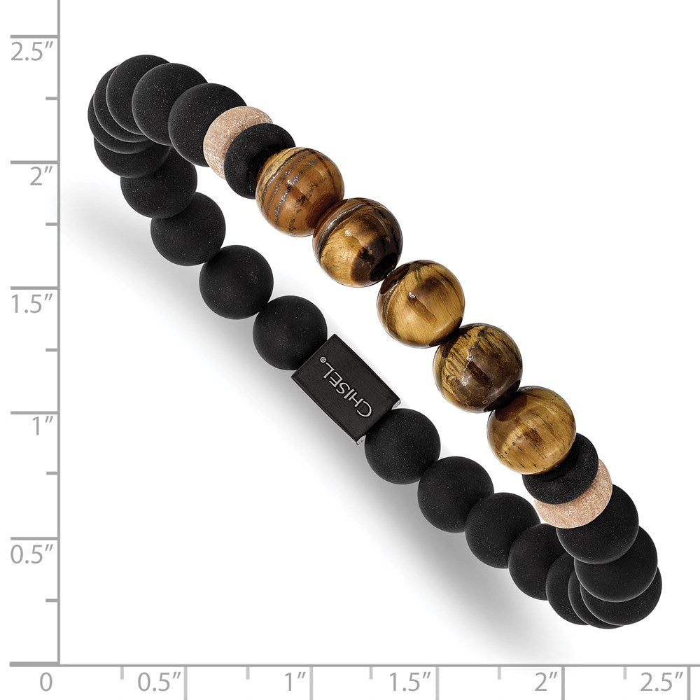 Stainless Steel Brushed Black IP Black Agate/Tiger's Eye Stretch Bracelet 7 inches
