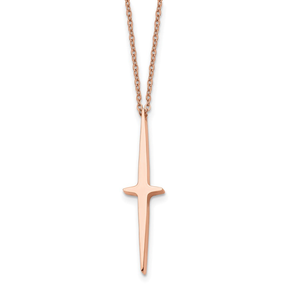 Stainless Steel Polished Rose IP-plated Cross 16in w/2in ext Necklace