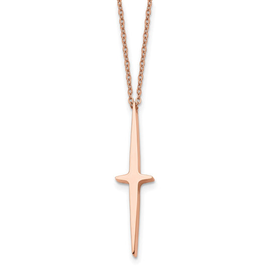 Stainless Steel Polished Rose IP-plated Cross 16in w/2in ext Necklace