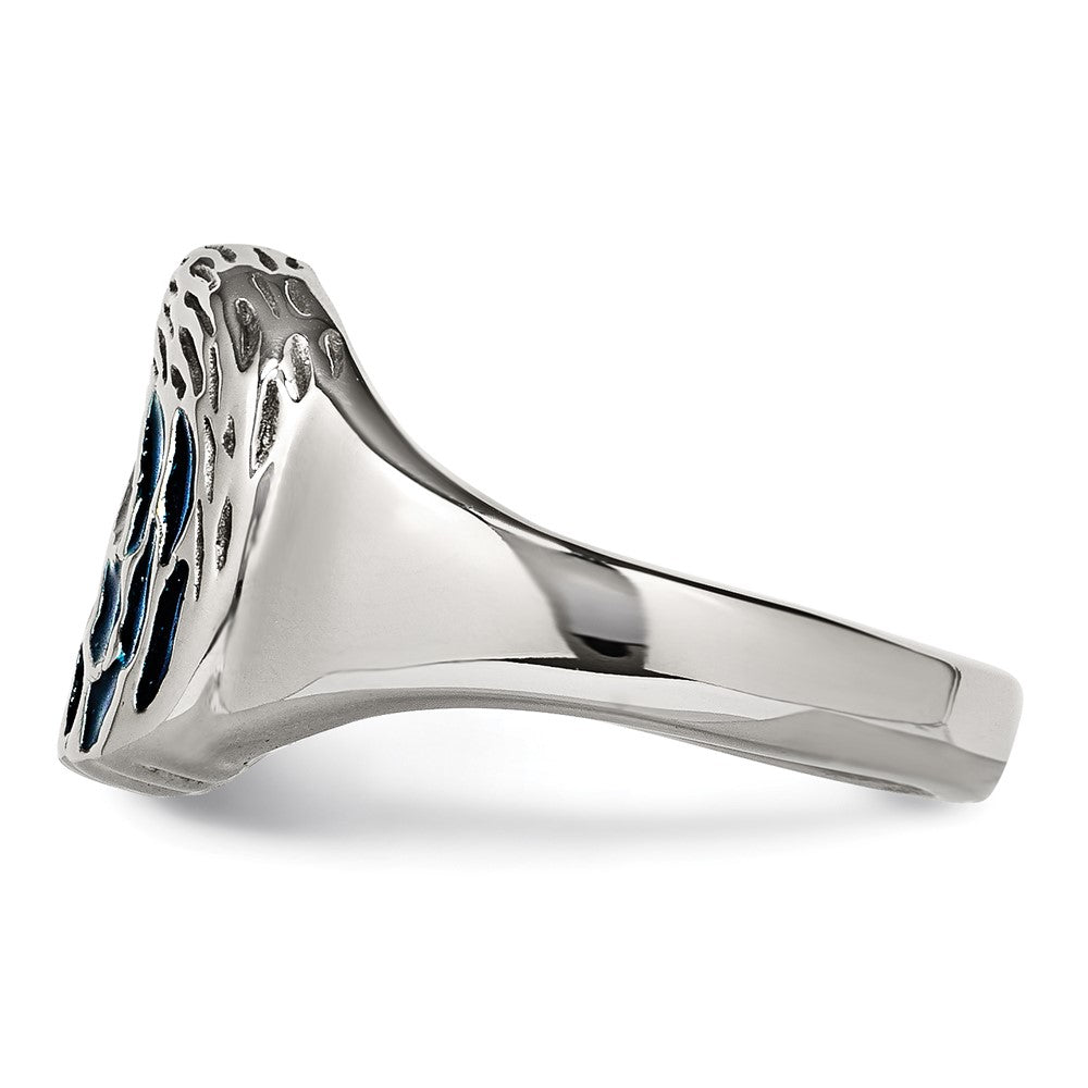 Stainless Steel Polished and Textured Blue Enamel Eagle Ring Size - 11
