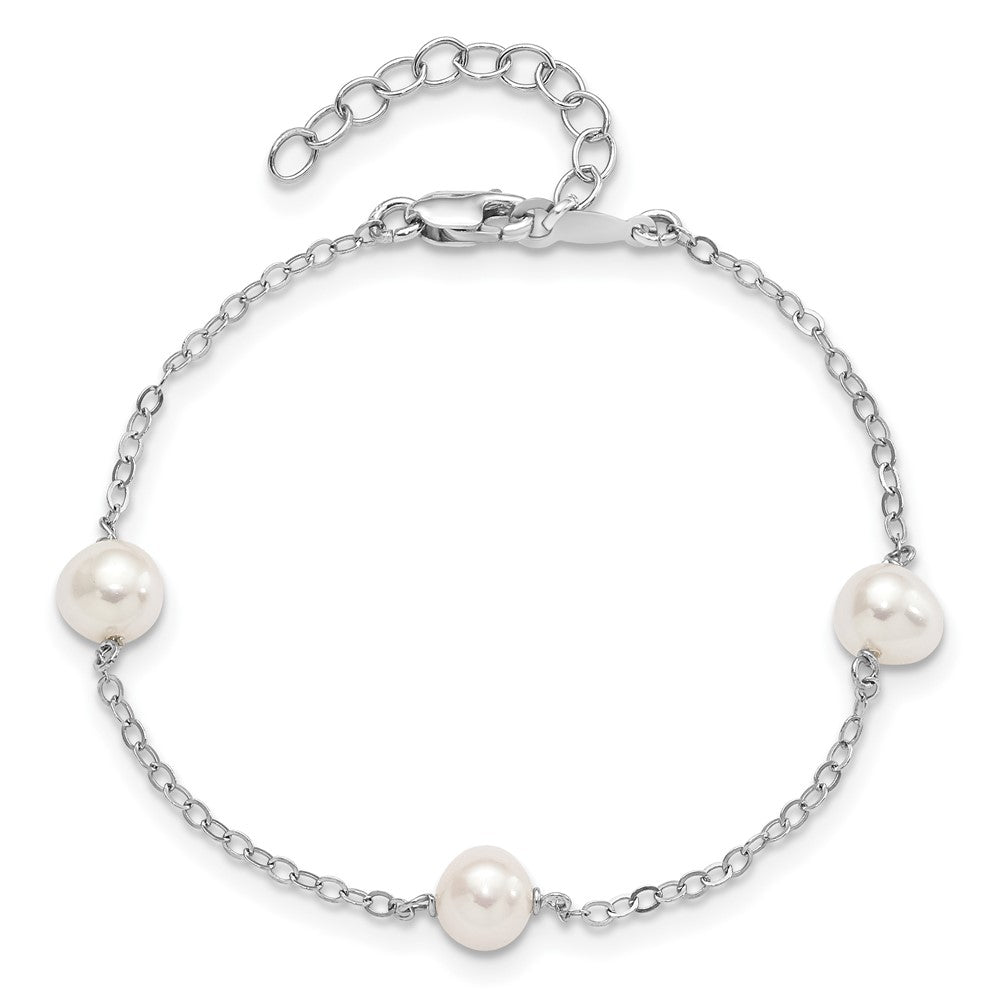 Sterling Silver Rhodium-plated 5-6mm White Freshwater Cultured Pearl 3-Stations 7.5 inch Bracelet 7.5 inches