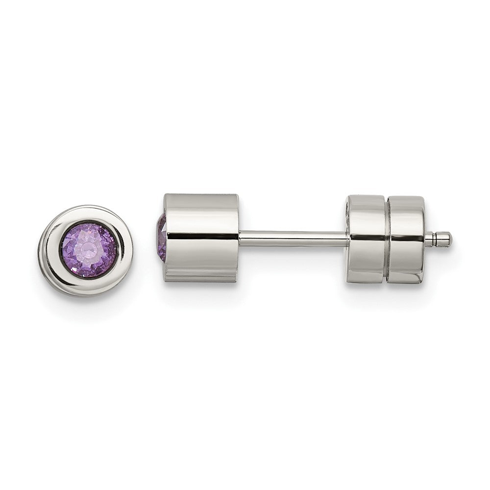 Stainless Steel Polished Purple CZ Feb Birthstone Post Earrings