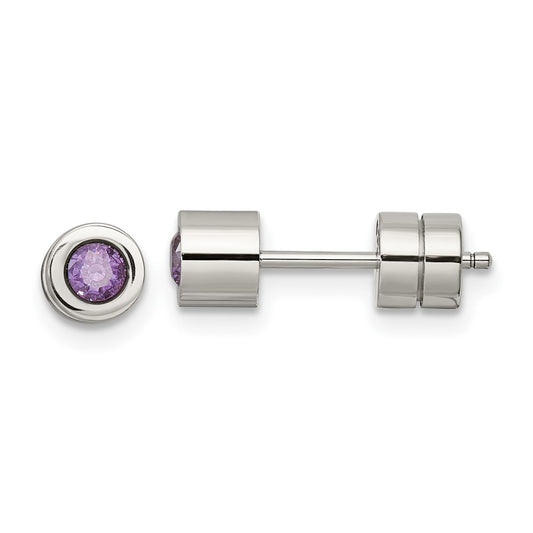 Stainless Steel Polished Purple CZ Feb Birthstone Post Earrings