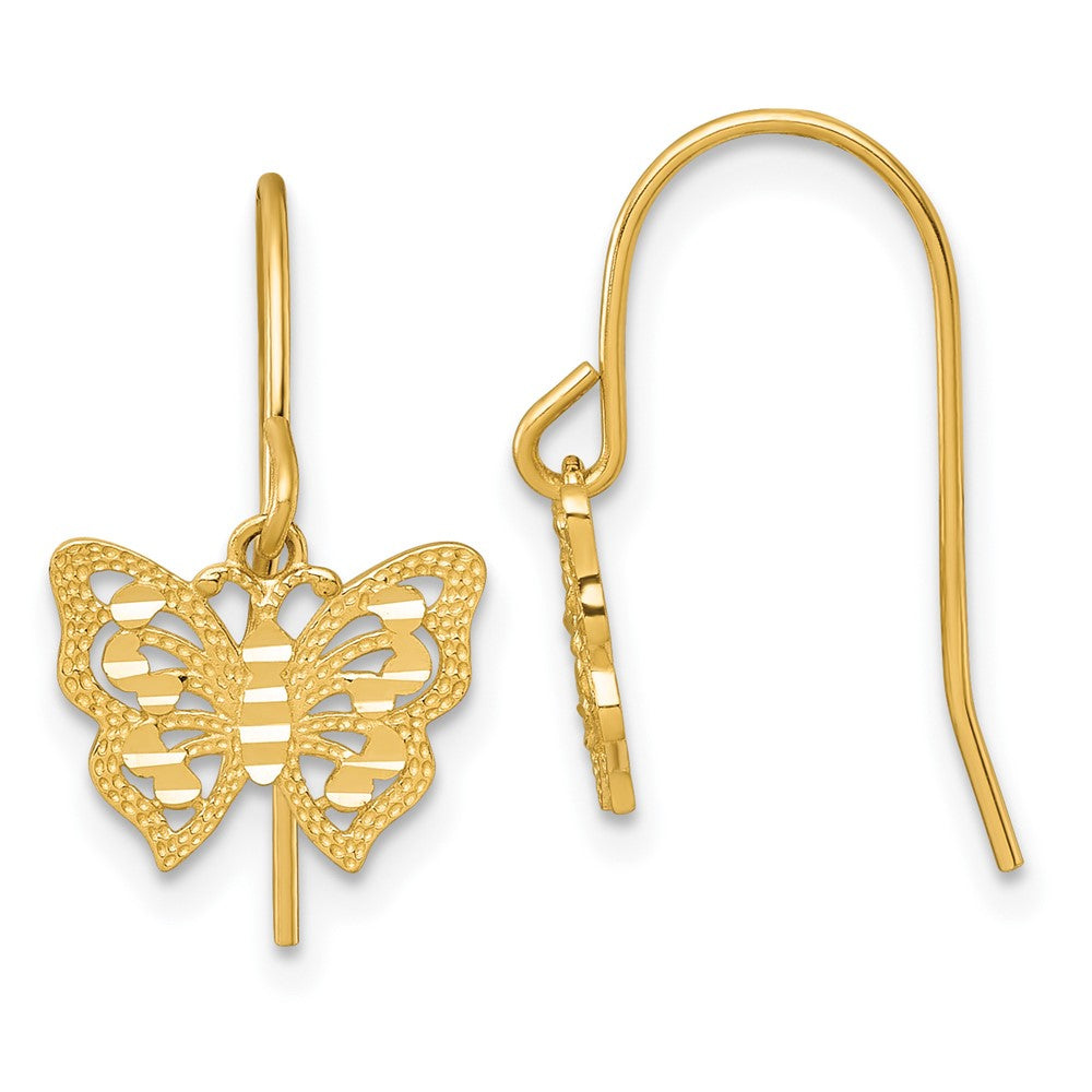 10k Polished and Diamond-cut Pierced Butterfly Shepherd Hook Dangle Earrings