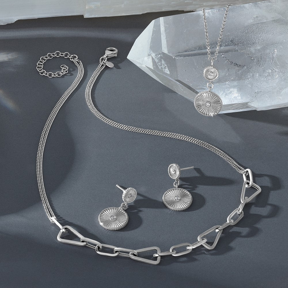 Sterling Silver RH-pl Pol. Geometric 2-strand w/2in ext. Necklace