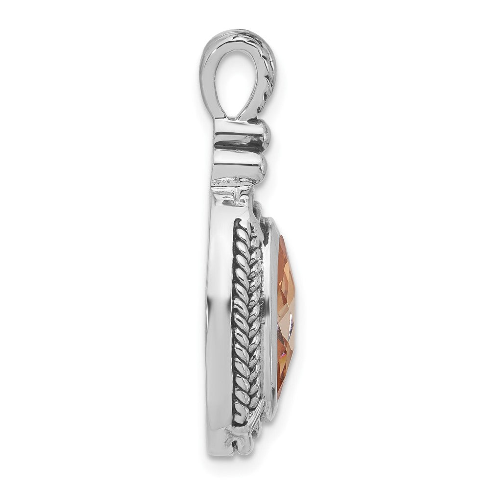 Sterling Silver Polished & Antiqued Oval Champagne CZ Pendant