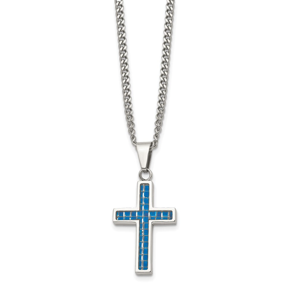 Stainless Steel Polished w/Blue Carbon Fiber Inlay Cross 20in Necklace