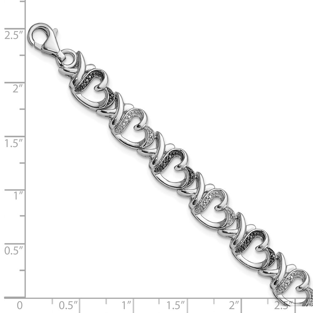 White Night Sterling Silver Rhodium-plated Black and White Diamond Heart 7.5 Inch Bracelet 7.5 inches