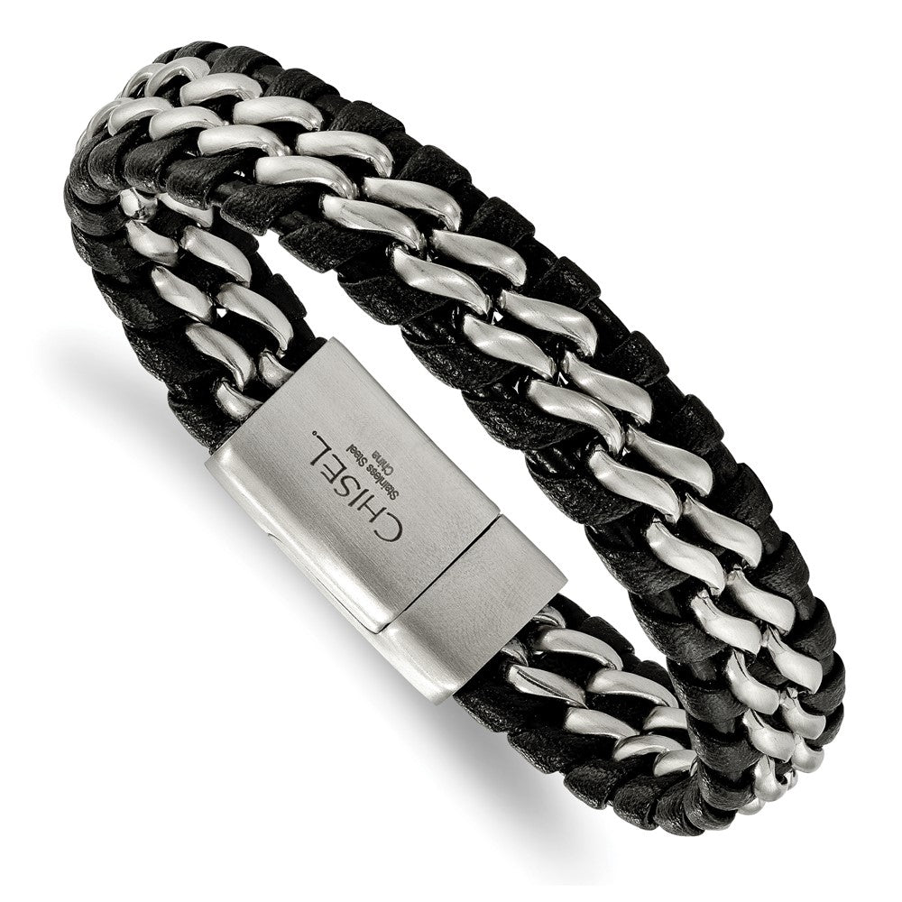 Stainless Steel Brushed Black Leather 8.5in Bracelet 8.5 inches