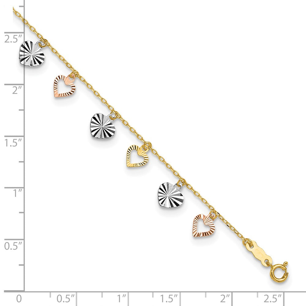 14K Tri-Color Heart 9in Plus 1in ext  Anklet 9 inches