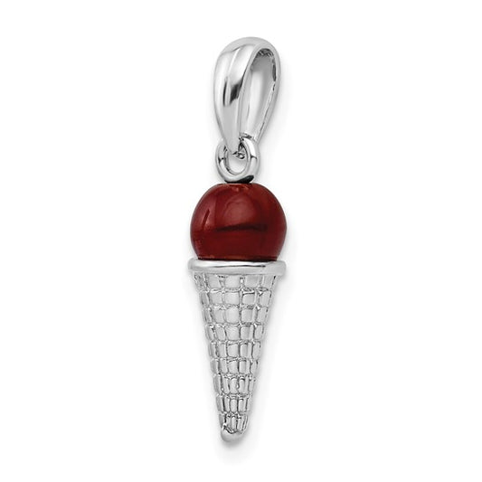Sterling Silver Polished 3D Brown Bead Ice Cream Cone Pendant