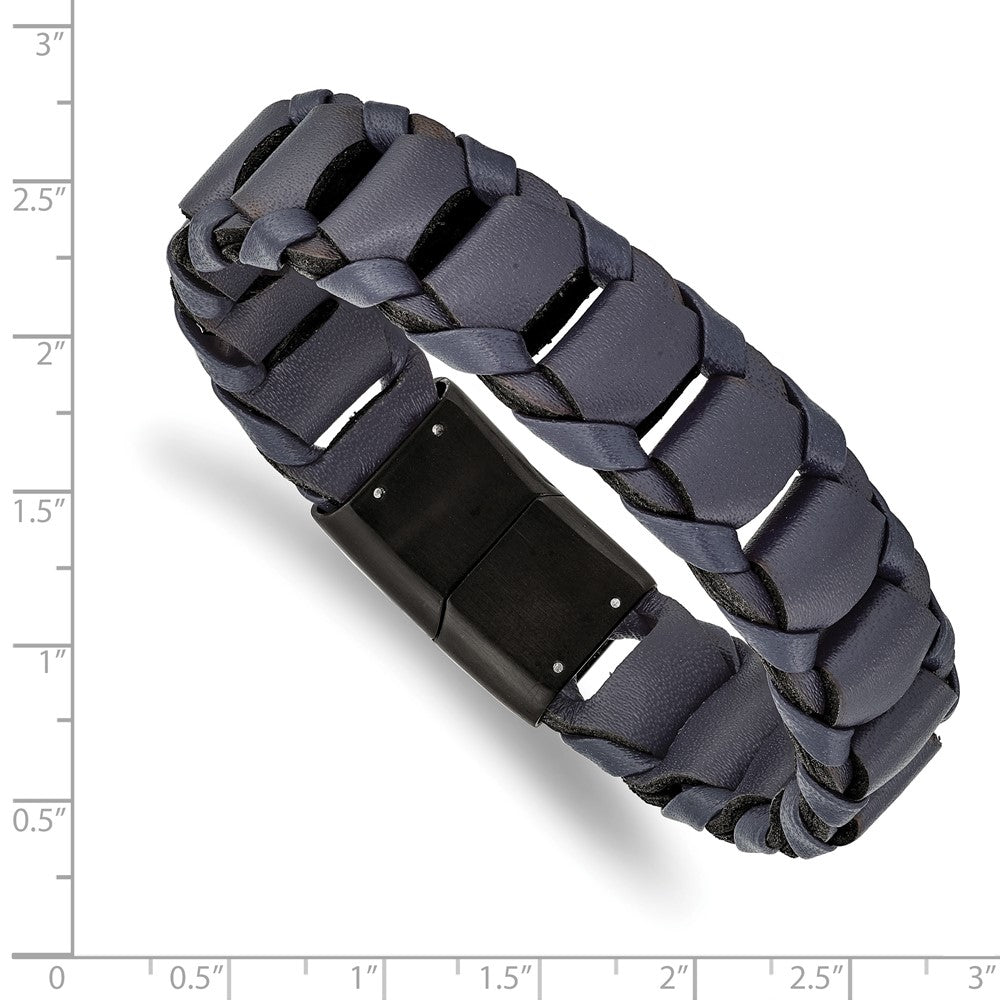 Stainless Steel Brushed Black IP-plated Blue Leather 8.5in Bracelet 8.5 inches